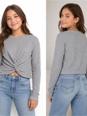 Aeropostale Kids Gray Waffle Knit Twist Front Long Sleeve Top M 10/12